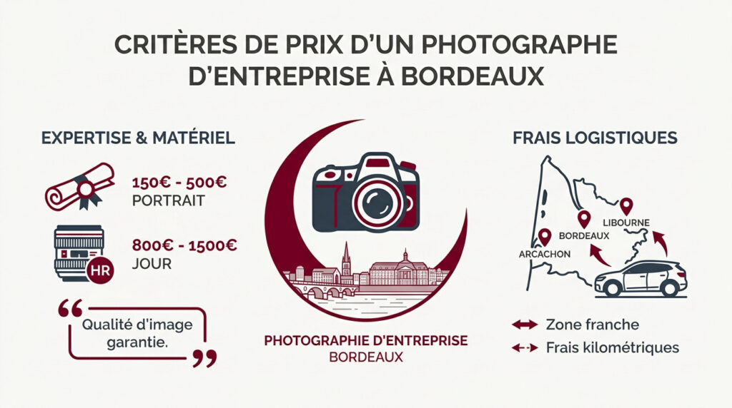 Infographie détaillant les critères de prix pour les services d'un photographe d'entreprise à Bordeaux.