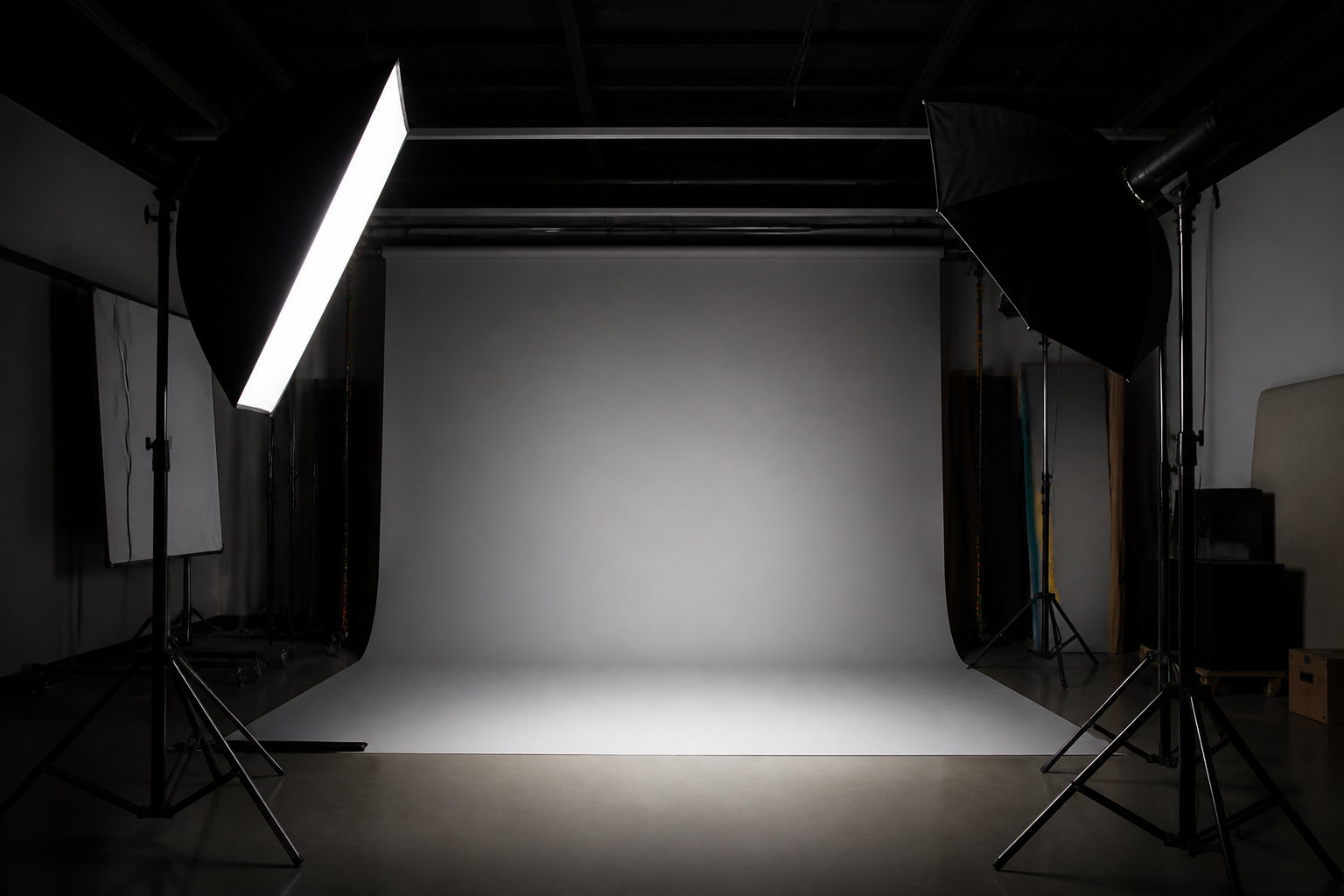 Studio photo vide équipé de softbox, prêt pour un shooting mode à Bordeaux